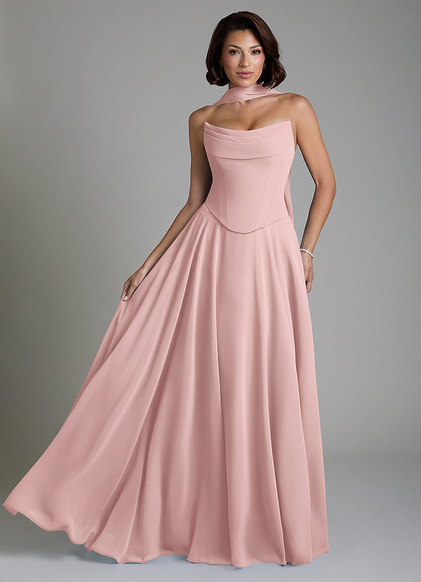 Azazie Ira Robes de demoiselle d'honneur Robe Trapèze en Mousseline de soie Corset Rose Poudré image1