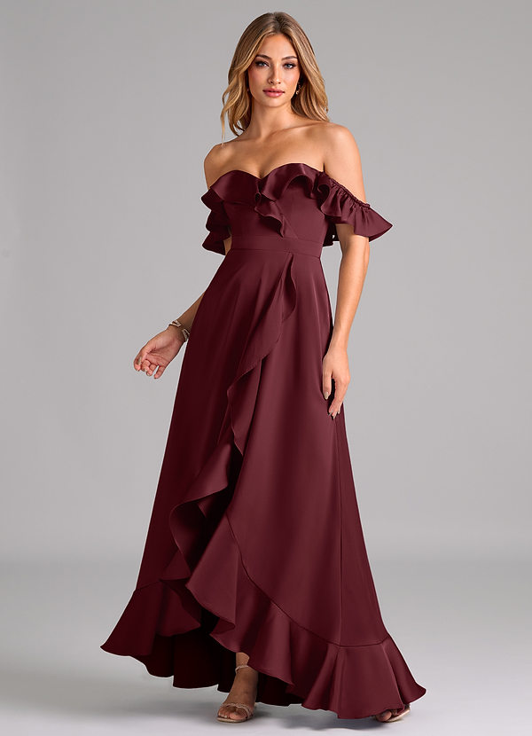 Azazie Lyra Bridesmaid Dresses Cabernet A-Line Off the Shoulder Stretch Satin Convertible Dress image1