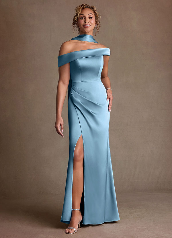 Azazie Kamala Kjoler til brudens mor Skede En skulder Stræk satin Gulv-længde Kjole image1