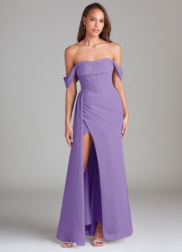 Azazie Amyra Bridesmaid Dresses Tahiti Sheath Off the Shoulder Chiffon Convertible Dress image1