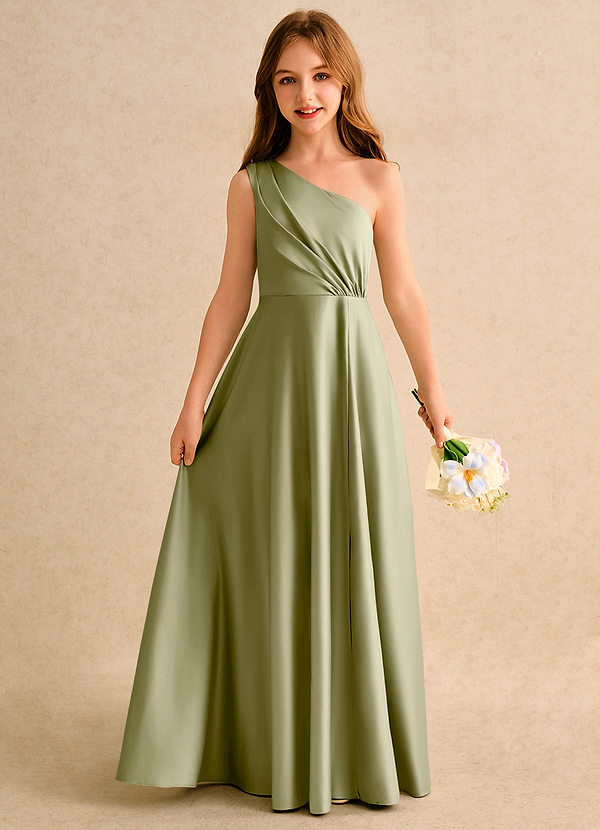 Azazie Puddles Girls Formal Flower Girl Dresses Moss Green A-Line One Shoulder Matte Satin Dress image1