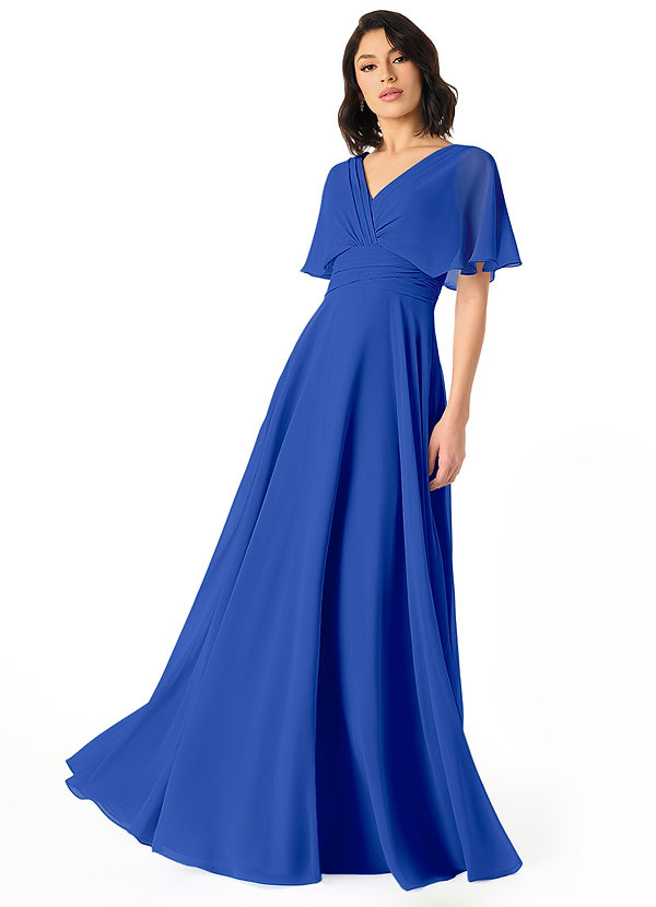 Azazie Pamela Bridesmaid Dresses Royal Blue A-Line V-Neck Pleated Chiffon Dress image1