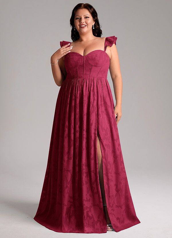 Azazie Denisse Bridesmaid Dresses Burgundy A-Line Ruched Floral Burnout Dress image1