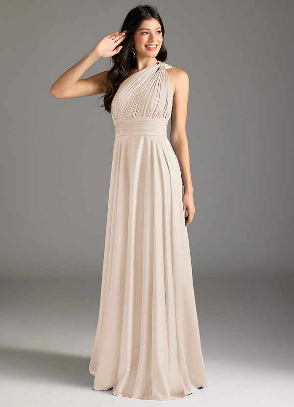 Azazie Charlize Bridesmaid Dresses White Alabaster A-Line One Shoulder Stretch Satin Dress image1
