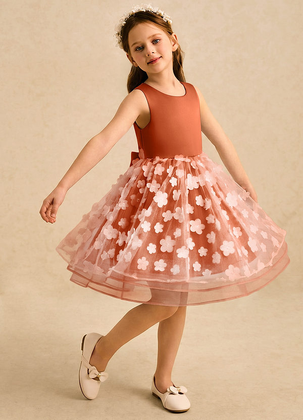 Azazie Billie Flower Girl Dresses Burnt Orange Ball-Gown Pleated Matte Satin Dress image1