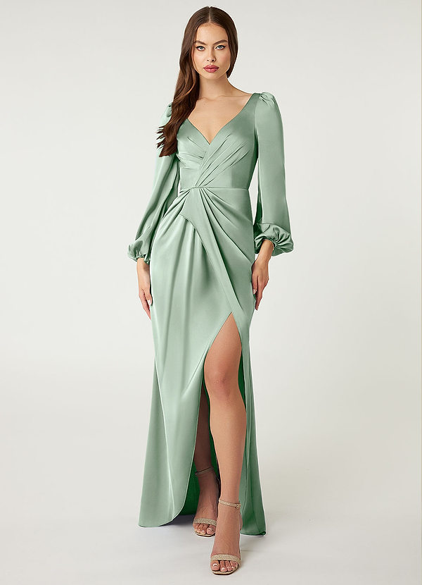 Azazie Mel Bridesmaid Dresses Agave Sheath Long Sleeve Stretch Satin Dress image1