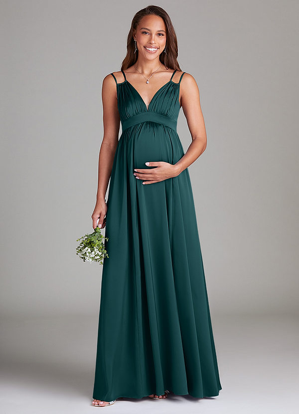 Azazie Emree Maternity Bridesmaid Dresses A-Line Stretch Satin Floor-Length Dress with Pockets image1