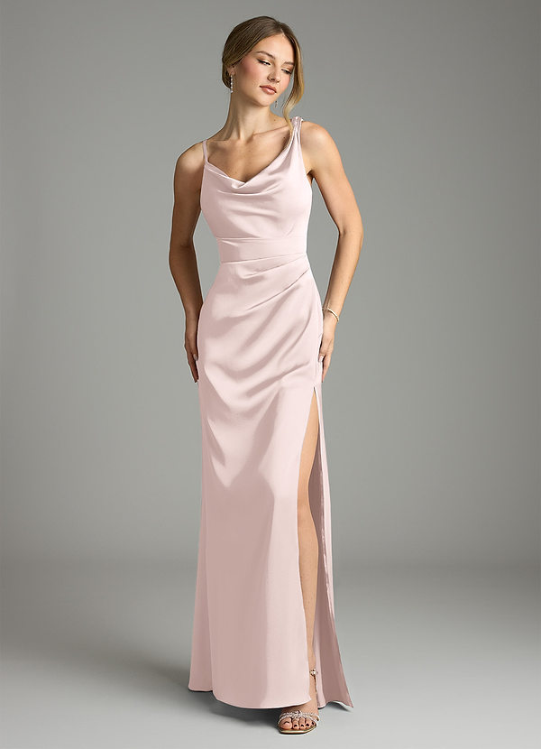 Azazie Samara Robes Demoiselle d'honneur Robe Sirène en Satin extensible Plissée Rose Pâle image1