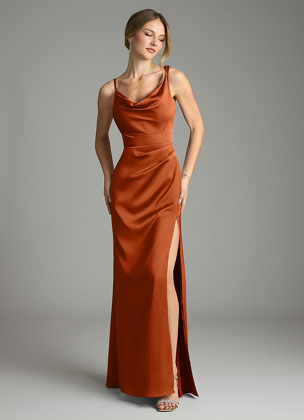 Azazie Samara Robes de demoiselle d'honneur Robe Sirène en Satin extensible Plissé Orange Brûlée image1