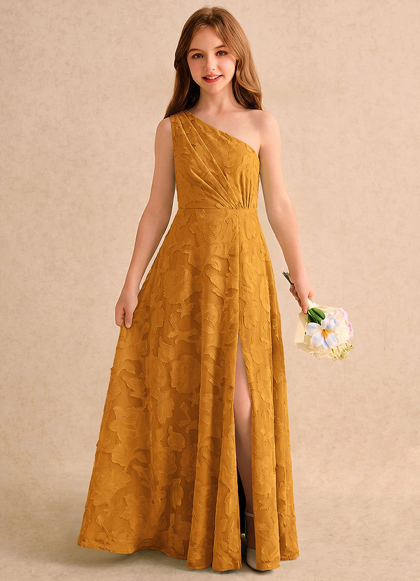 Azazie Pudles Girls Formal Robes de cortège enfant Robe Trapèze en Blumen-Burnout Asymétrique Caramel écossais image1