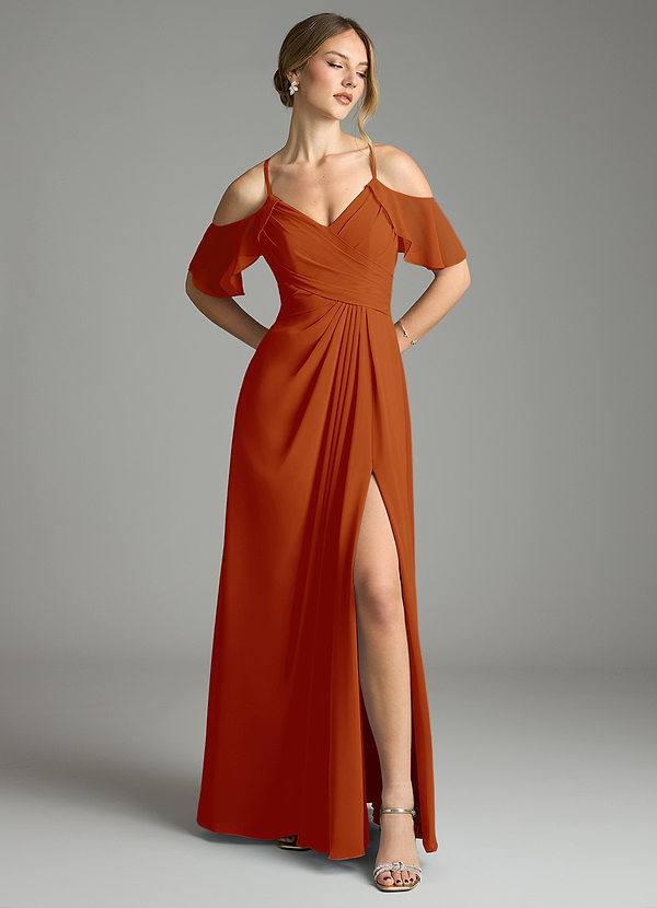 Azazie Dakota Bridesmaid Dresses Paprika A-Line V-Neck Pleated Chiffon Dress image1