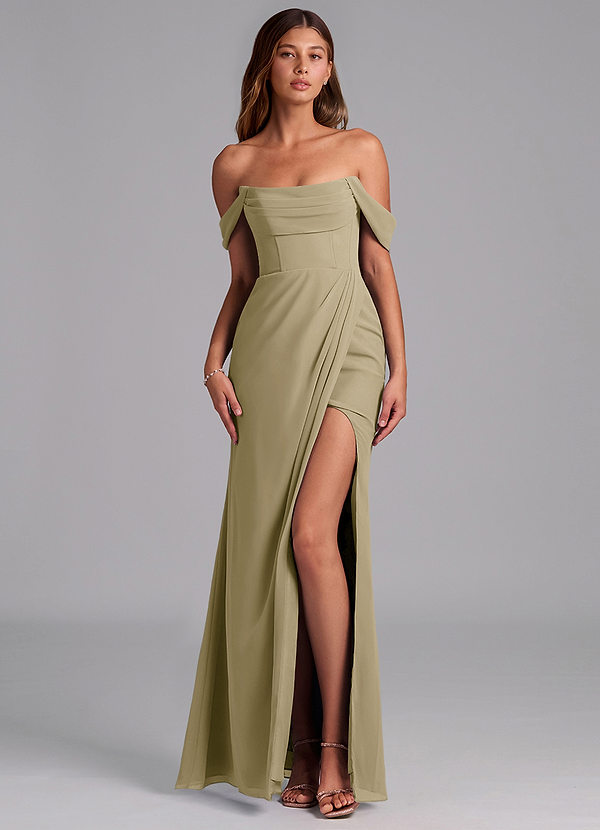 Azazie Johana Bruidsmeisjes Jurken Converteerbaar Jurk van Chiffon met Zeemeermin Off the Shoulder Mosgroen image1