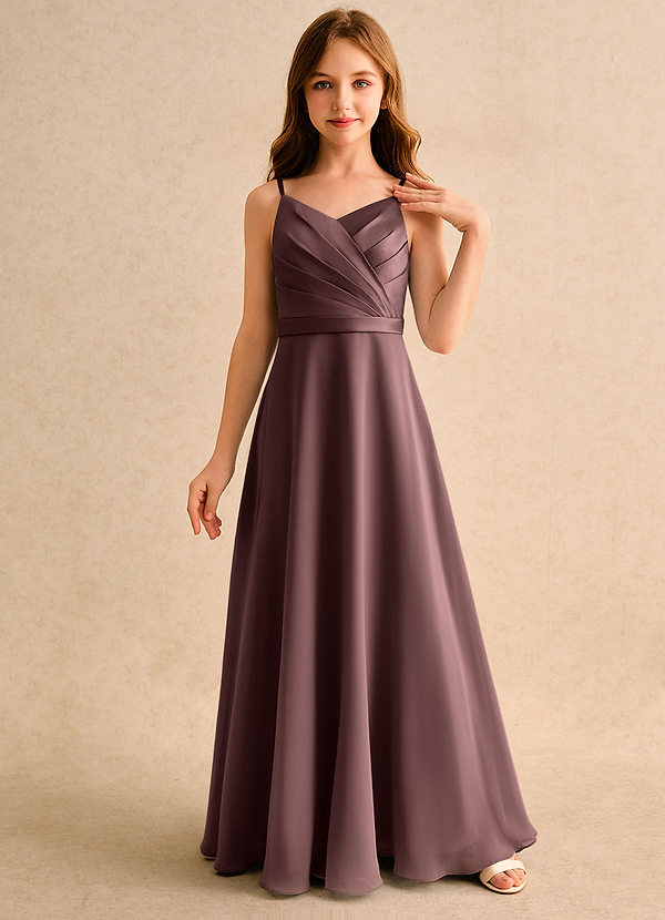 Azazie Umina Girls Formal Bloemenmeisjes Jurken A-Lijn Jurk van Mat Satijn Geplooid Espresso image1