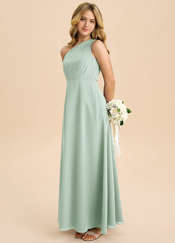 Azazie Phaedra Junior Agave A-Line Pleated Chiffon Dress image1