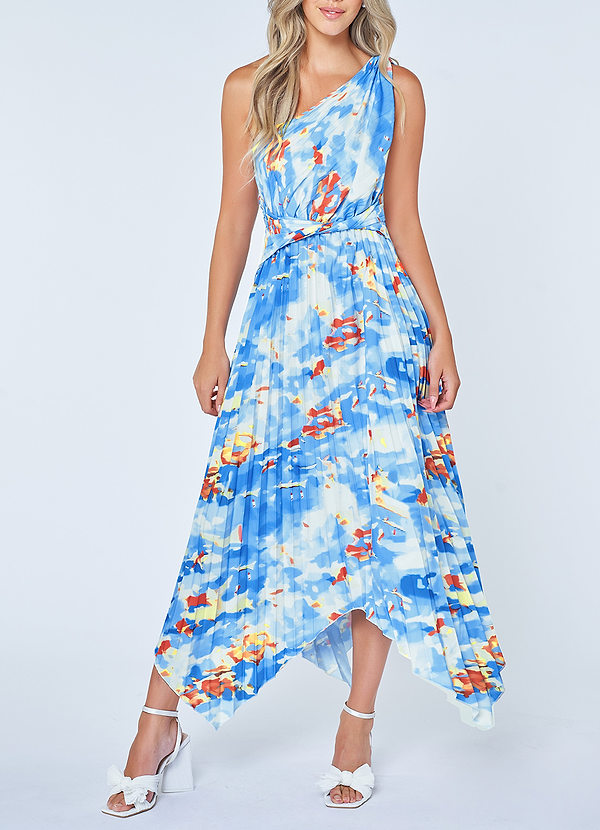 front Blue Springs Light Blue Abstract Print One-Shoulder Pleated Midi Dress
