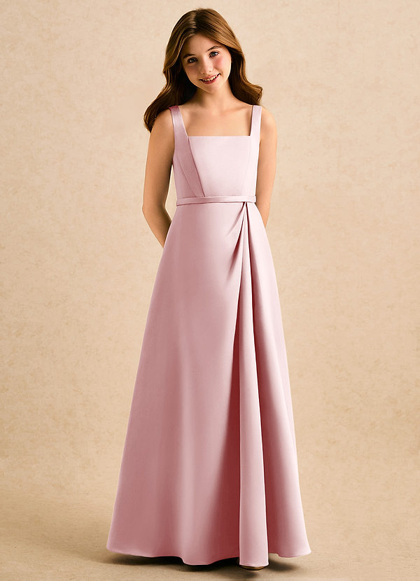 Azazie Emiko Girls Formal Flower Girl Dresses Powder Pink A-Line Pleated Matte Satin Dress image1