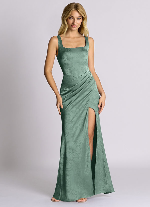 Azazie Mero 신부 들러리 드레스 인어 주름진 자카드 바닥 길이 드레스 image1