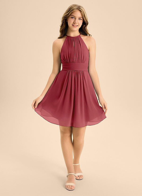 Azazie Bonnie Junior A-Linie Plissee Chiffon Kleid Granatapfelrot image1