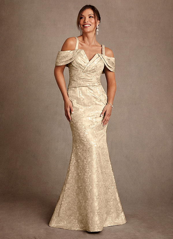 Azazie Bakersfield Mother of the Brides Dresses Champagne Mermaid Off the Shoulder Floral Jacquard Dress image1