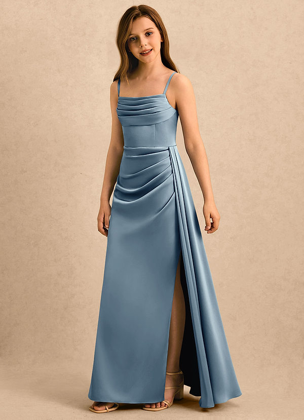 Azazie Shyla Girls Formal Sukienki dla dziewczynek sypiących kwiaty Osłona Pofałdowany Satyna elastyczna Długość podłogi Sukienka image1