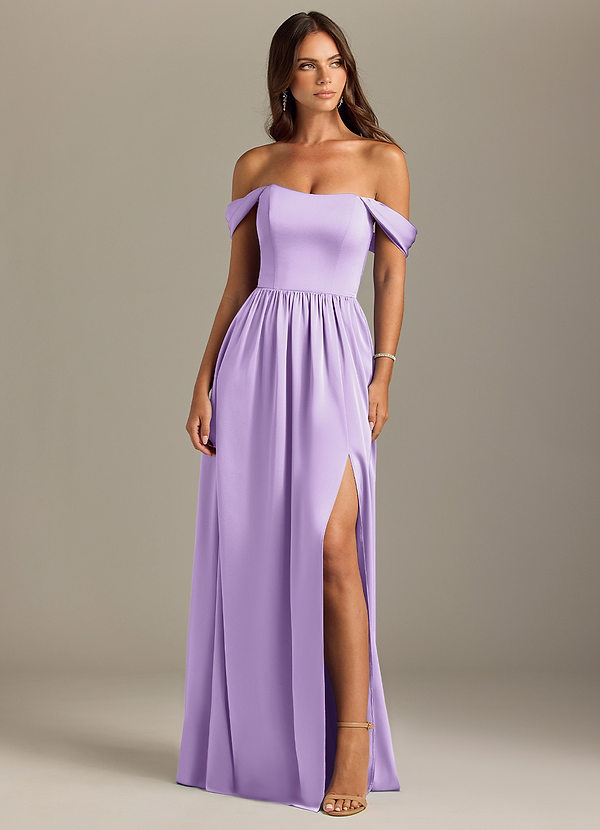 Azazie Calianna Bridesmaid Dresses Lilac A-Line Off the Shoulder Stretch Satin Convertible Dress image1