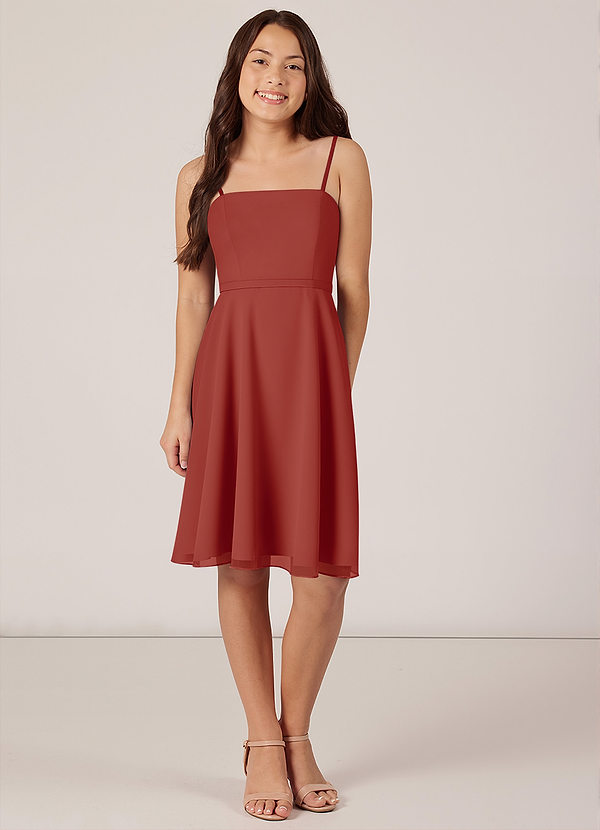 Azazie Kalie Junior Terracotta A-Line with Belt Chiffon Dress image1