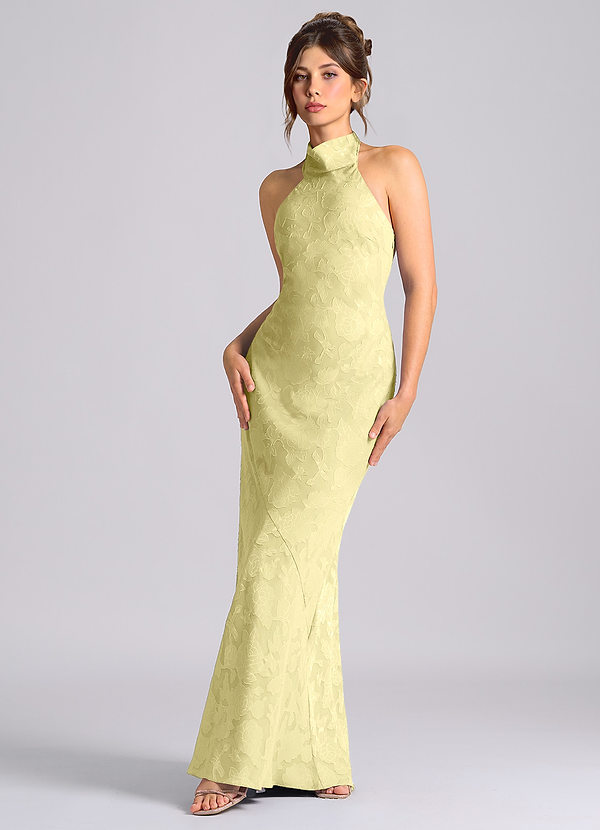 Azazie Velli Bridesmaid Dresses Lemon Sorbet Mermaid High Neck Floral Burnout Dress image1