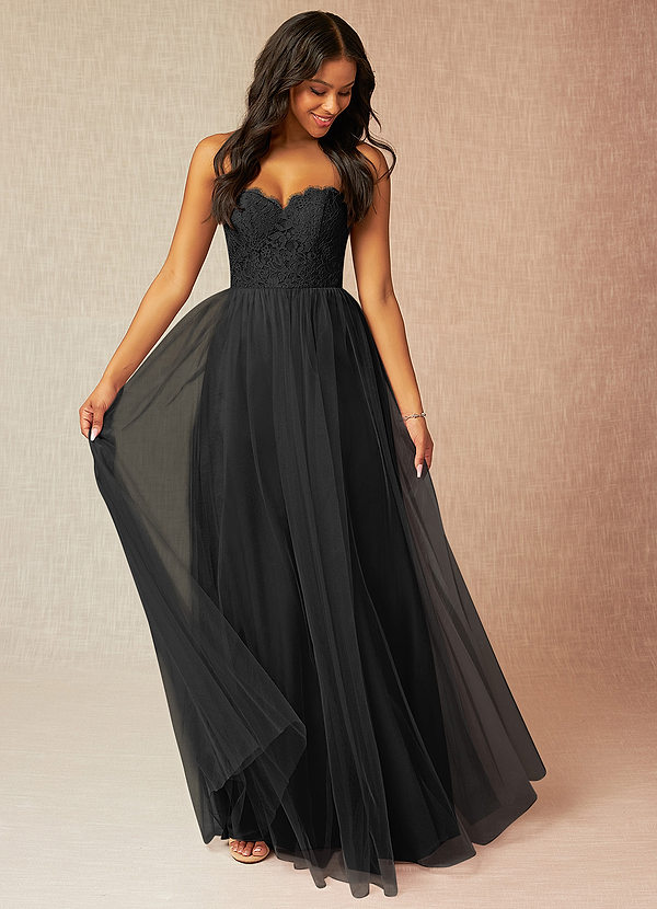 Azazie Roni Bridesmaid Dresses Black A-Line Sweetheart Neckline Tulle Dress image1