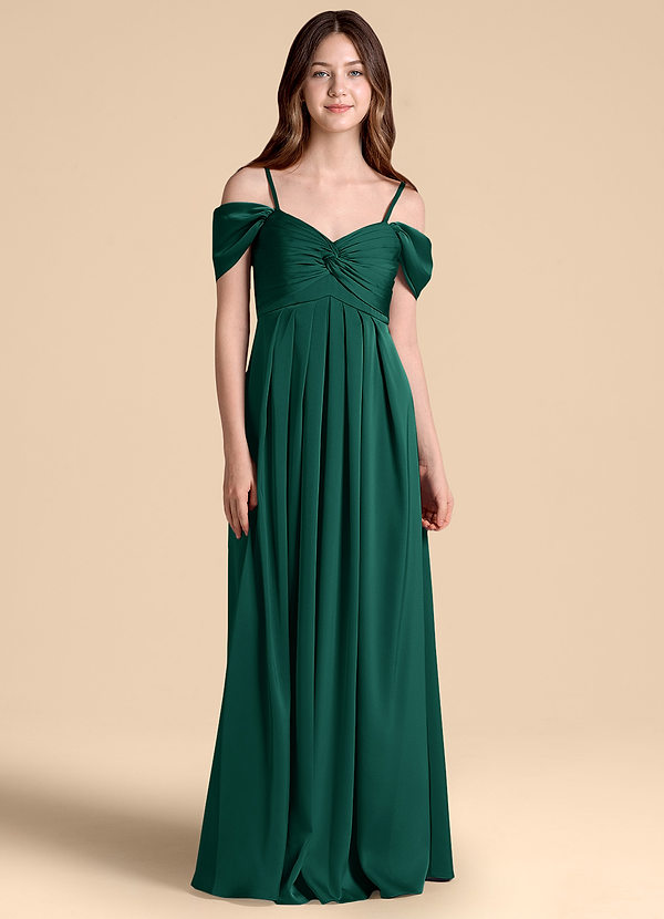 Azazie Kaitlynn Junior Emerald A-Line Off the Shoulder Stretch Satin Dress image1
