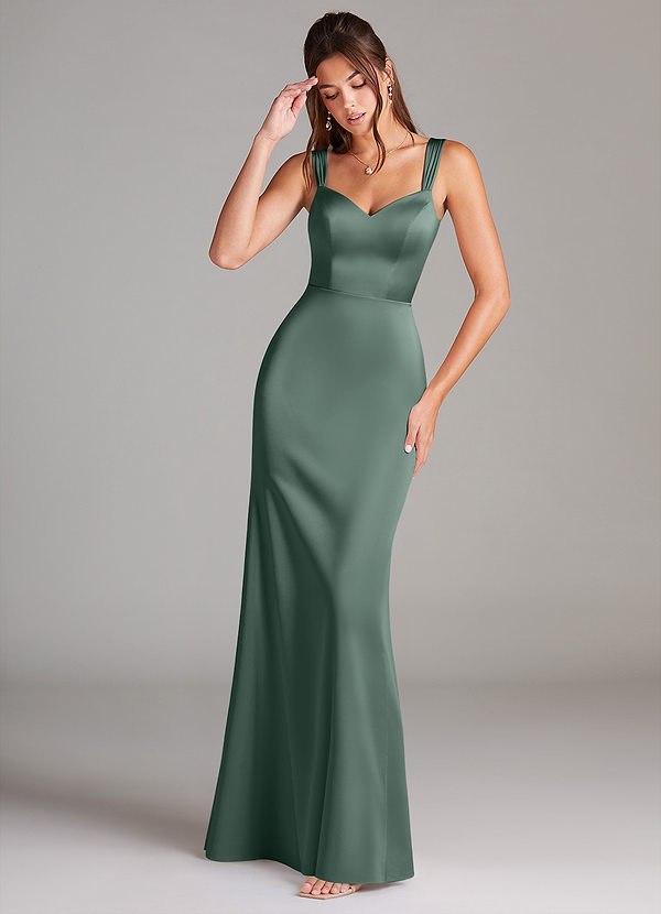 Azazie Denice Bridesmaid Dresses Eucalyptus Sheath Pleated Stretch Satin Dress image1