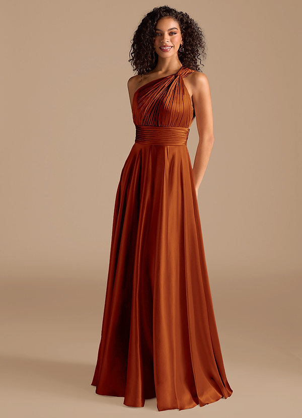 Azazie Charlize Brautjungfernkleider A-Linie One-Shoulder Metallischer Satin Kleid Rotbraun image1