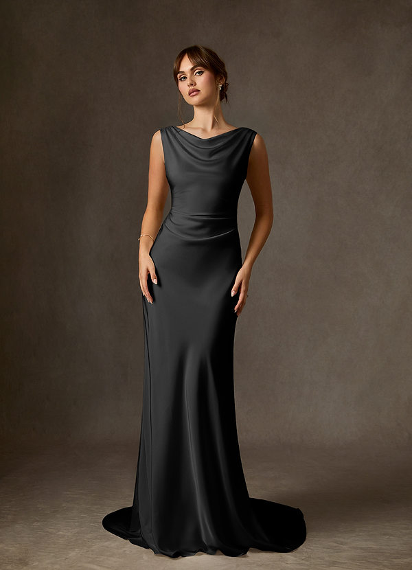 Azazie Kieryn Wedding Dresses Black Fit and Flare Stretch Satin Dress image1