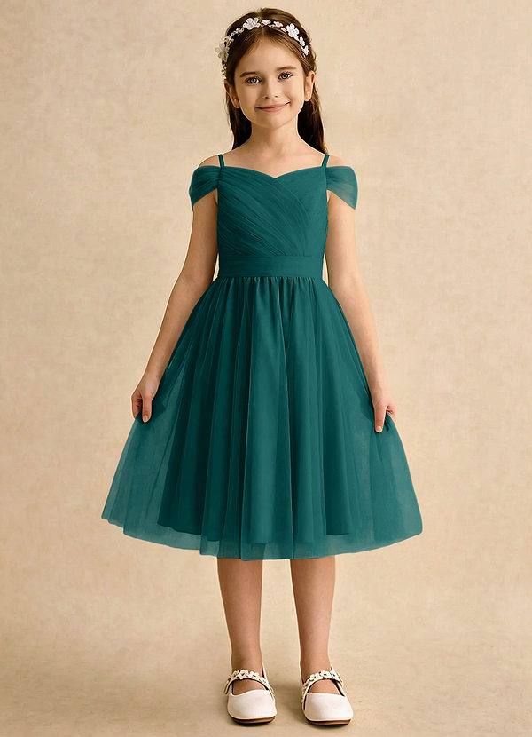 Azazie Lila Girls Formal Sukienki dla dziewczynek sypiących kwiaty Linia A Zza ramienia Tiul Długość do kolan Sukienka image1