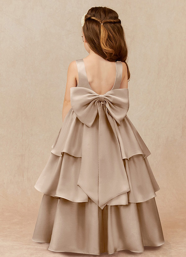 Azazie Margie Flower Girl Dresses Taupe A-Line Bow Stretch Satin Dress image1