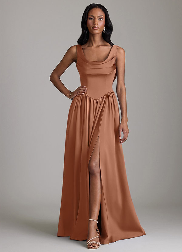 Azazie Novi Bridesmaid Dresses Bronzer A-Line with Pockets Stretch Satin Dress image1