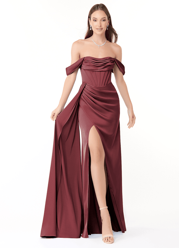 Azazie Amyra Bridesmaid Dresses Merlot Sheath Off the Shoulder Stretch Satin Convertible Dress image1