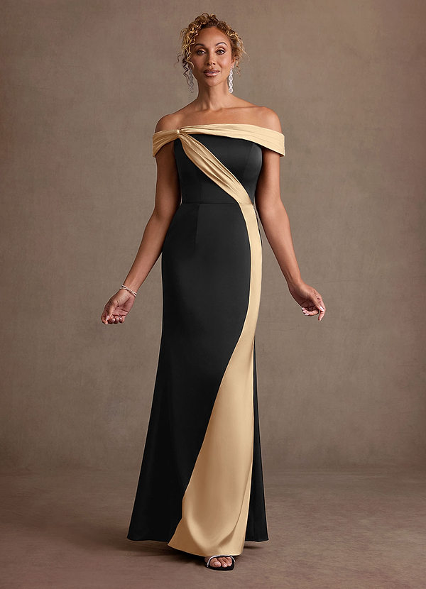 Azazie Constance Vestidos para la madre de la novia Vestido Negro Champán de Satén Elástico de Corte Sirena con Hombros descubiertos image1