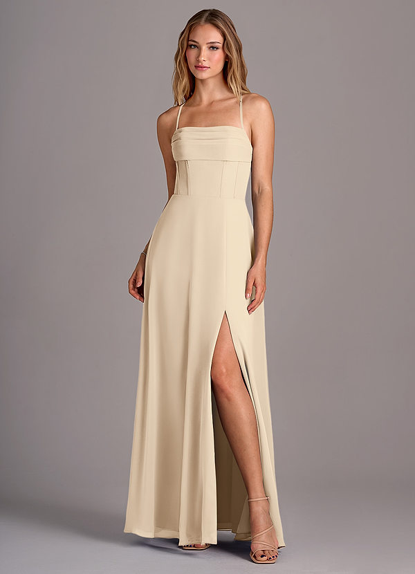 Azazie Carolyn Bridesmaid Dresses Champagne A-Line Pleated Chiffon Dress image1
