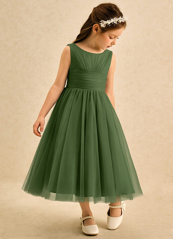 Azazie Macaron Bloemenmeisjes Jurken A-Lijn Jurk van Tule Geplooid Olijf image1