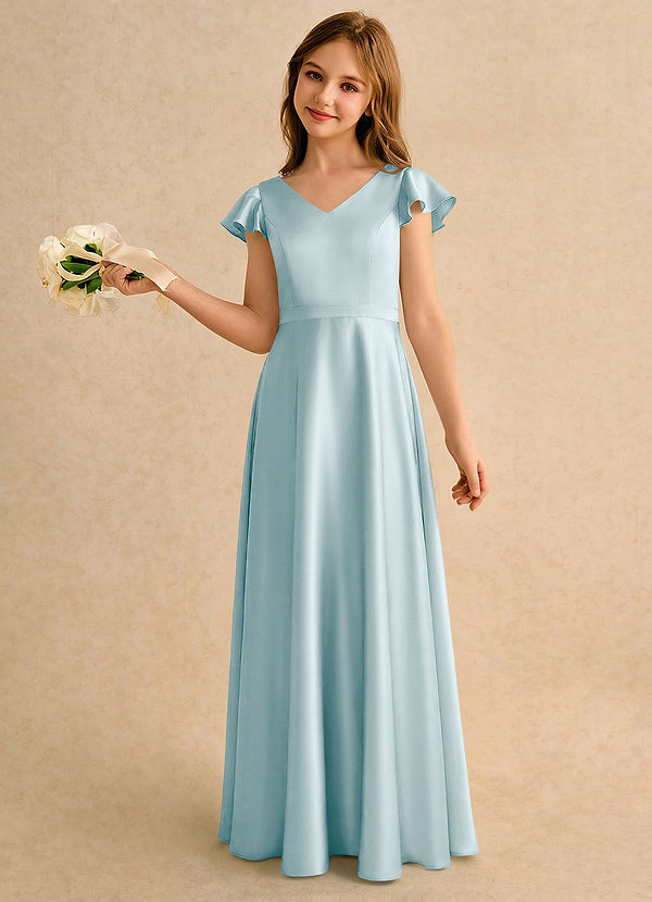 Azazie Nari Girls Formal Sukienki dla dziewczynek sypiących kwiaty Linia A z rękawami Satyna elastyczna Długość podłogi Sukienka image1