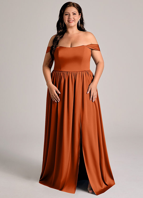 Azazie Calianna Bridesmaid Dresses Burnt Orange A-Line Off the Shoulder Stretch Satin Convertible Dress image1