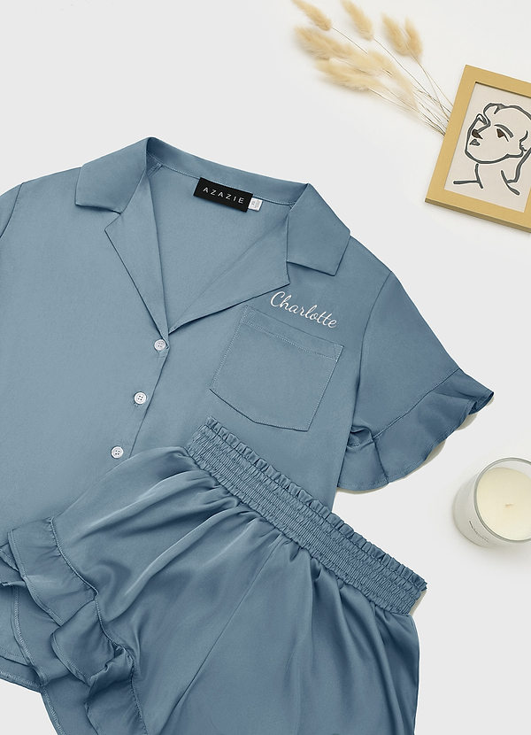 front Dusty Blue Matching Color Personalized Embroidered Name Ruffled Short Sleeve Pajama Set