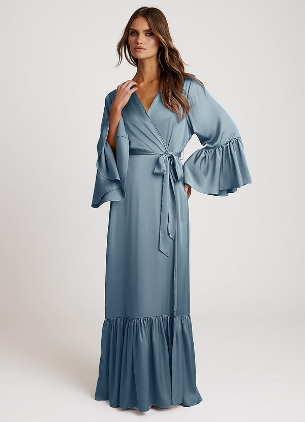 front Dusty Blue Long Bridal Ruffle Robe