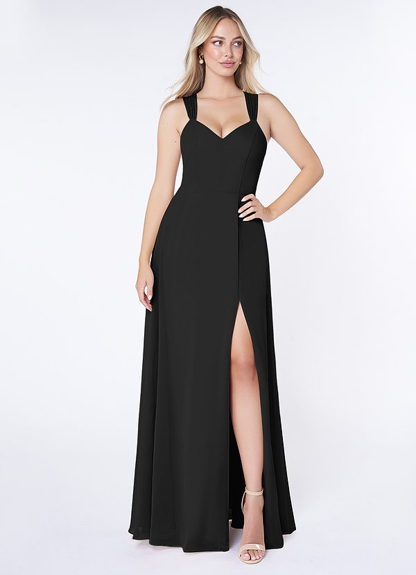 Azazie Jane Bridesmaid Dresses Black A-Line V-Neck Pleated Chiffon Dress image1