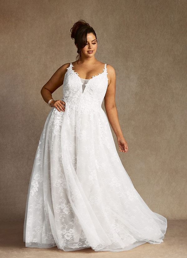 Azazie Jolene Wedding Dresses Diamond White A-Line Lace Tulle Dress image1