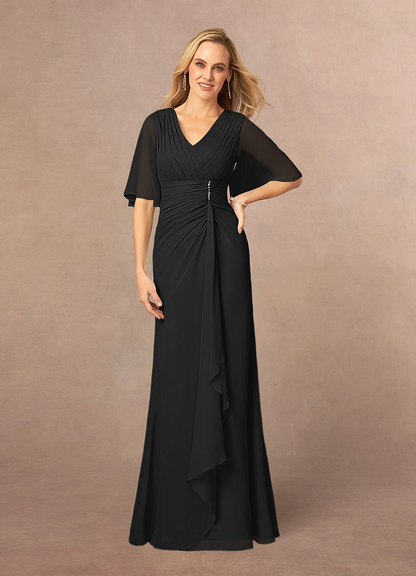 Azazie Carson Mother of the Brides Dresses Black A-Line V-Neck Lace Chiffon Dress image1