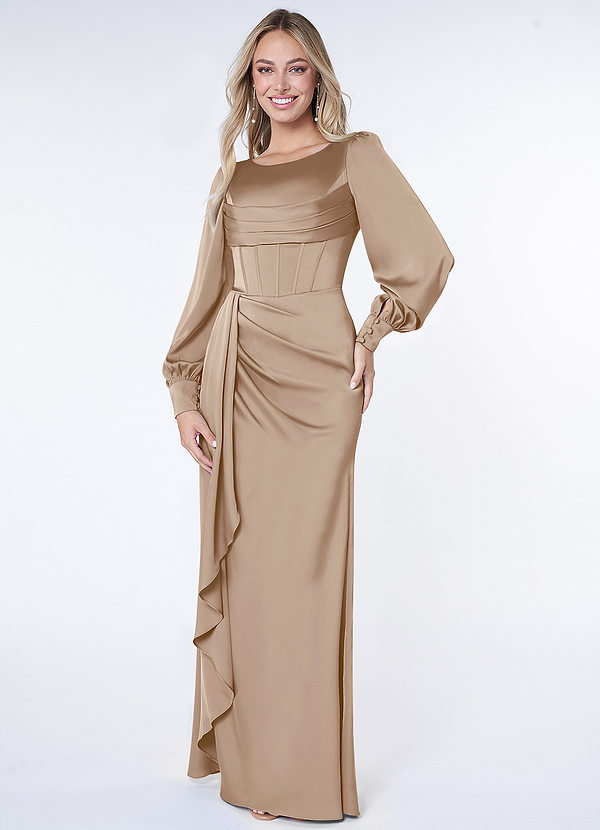 Azazie Raye Bridesmaid Dresses Taupe Fitted Long Sleeve Stretch Satin Dress image1