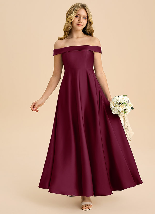 Azazie Sissy Junior Mulberry A-Line Off the Shoulder Stretch Satin Dress image1