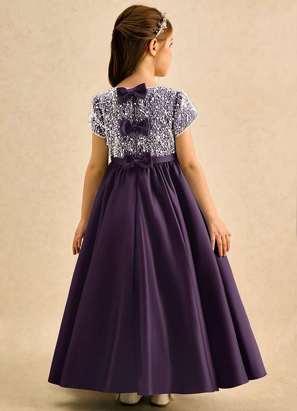Azazie Cashew Flower Girl Dresses Plum Ball-Gown with Sleeves Matte Satin Dress image1