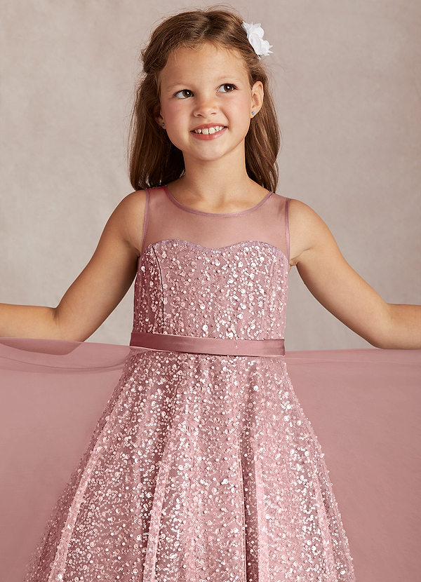 Azazie Siwa Robes de Fillette d'Honneur Robe Trapèze en Tulle Perlé Rose Poussiéreuse image1